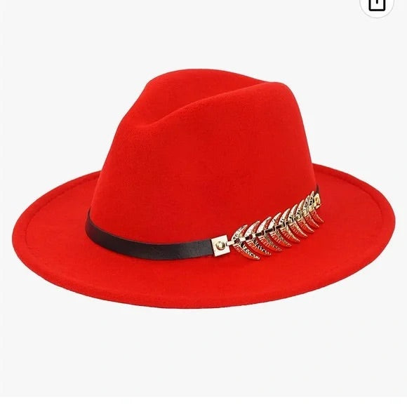 Red with Gold Leaf Fedora Hat- Medium Brim