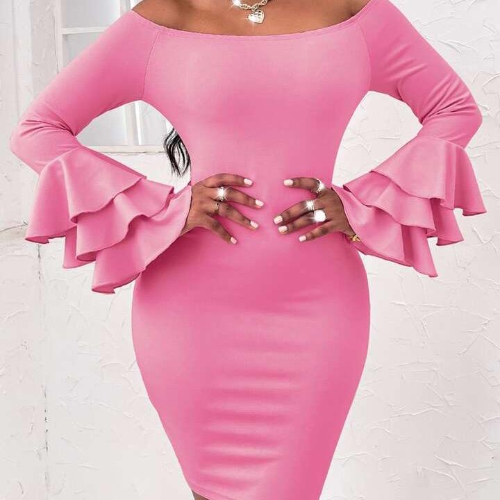 Pink Off Shoulder Layered Sleeve Bodycon Dress