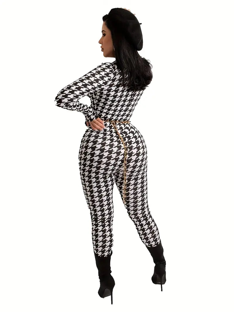 Houndstooth Print Fitted Jumpsuit with Zipper and Long Sleeves, Women's Clothing