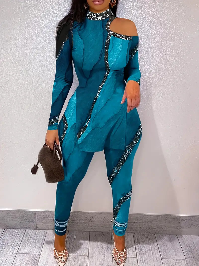 Marble Print Two-piece Set, Women's Clothing