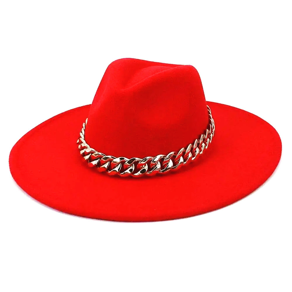 Red Chain Fedora with Black Bottom- Large Brim