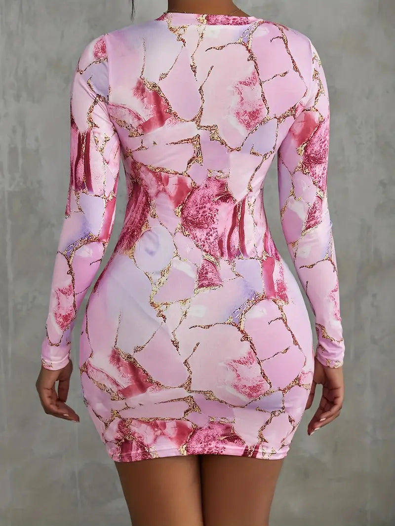 Pink Marble Abstract Print Dress with Long Sleeve and Crew Neck, Women's Clothing