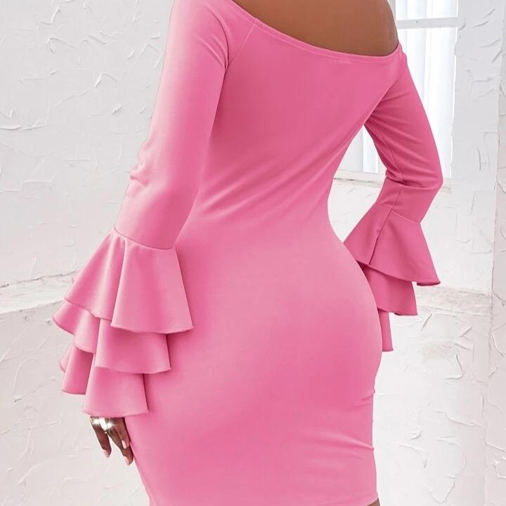 Pink Off Shoulder Layered Sleeve Bodycon Dress