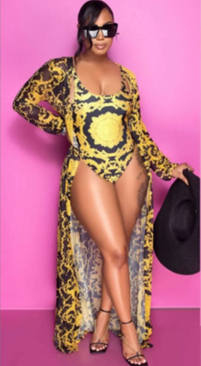 2 Piece Black & Gold Versace Style Swimsuit