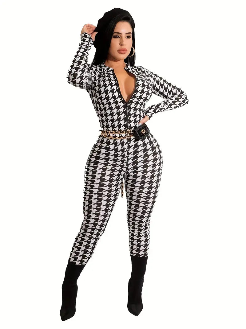 Houndstooth Print Fitted Jumpsuit with Zipper and Long Sleeves, Women's Clothing