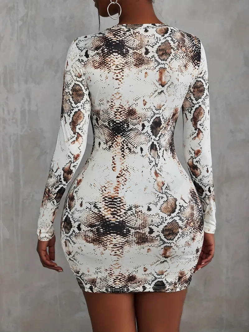 Sexy Snakeskin Print Mini Dress with Crew Neck, Women's Clothing