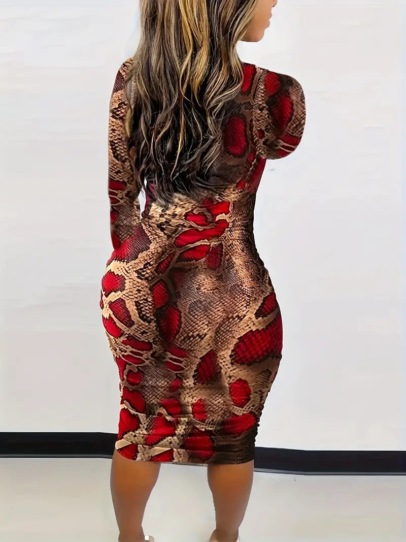 Sexy Snake Print Long Sleeve Dress with Mock Neck Dress, Women's Clothing