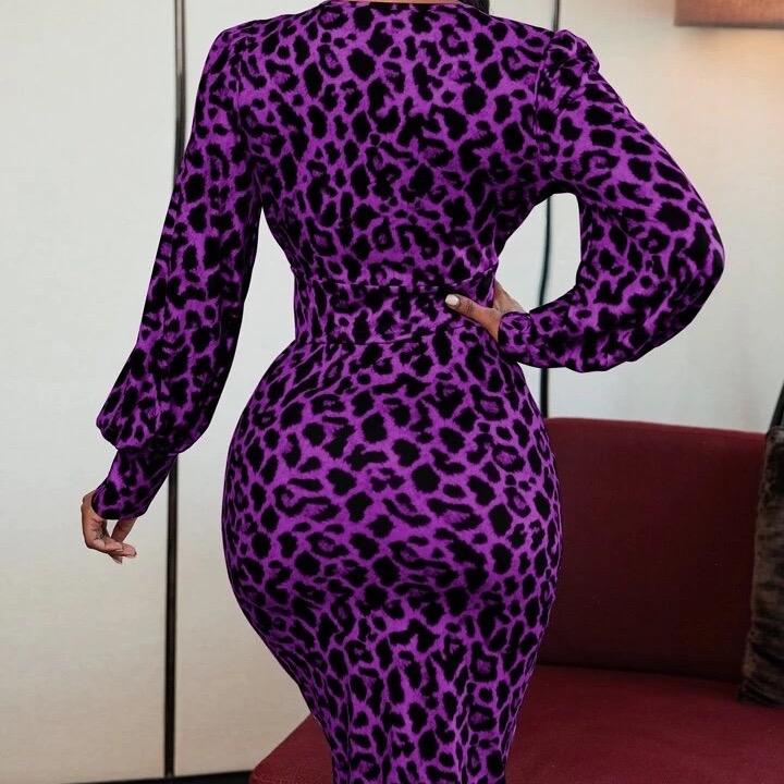 XL Purple Leopard Print Deep V Neck Lantern Sleeve Dress V-Neck