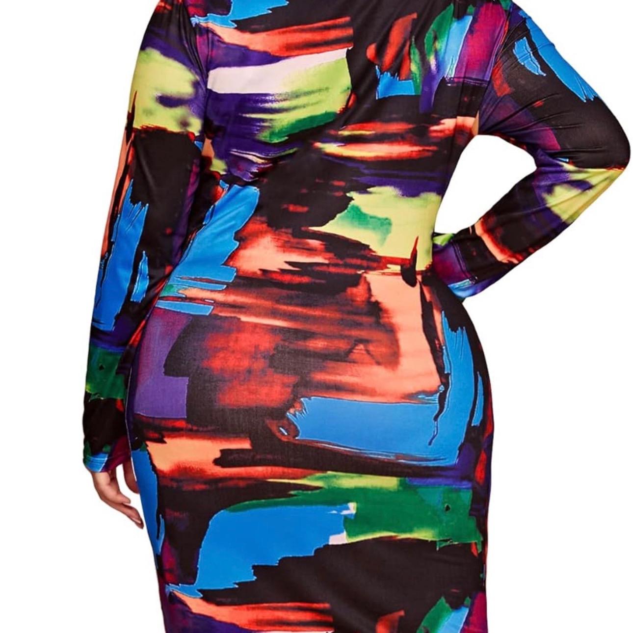 Multicolor Plus Size Long Sleeve Pencil Dress