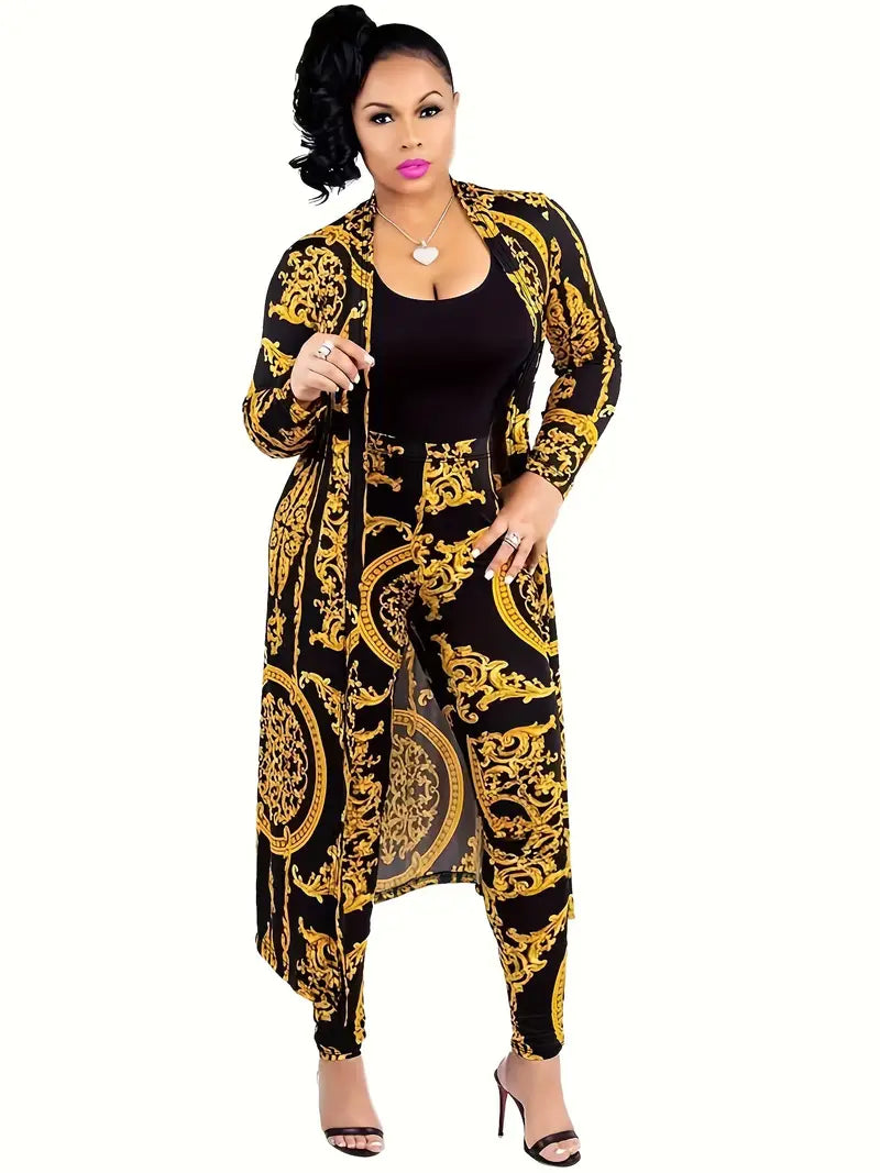 Designer Look Long Sleeve Two-piece Set with Coat & High Waist Pants, Women's Clothing