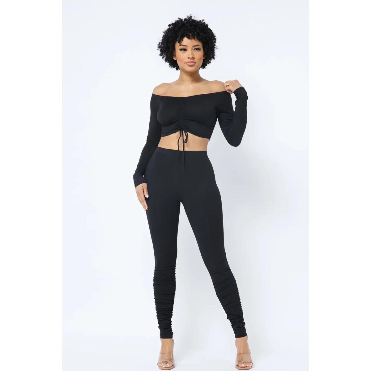 Two Piece Black Long Sleeve Stretchy Set