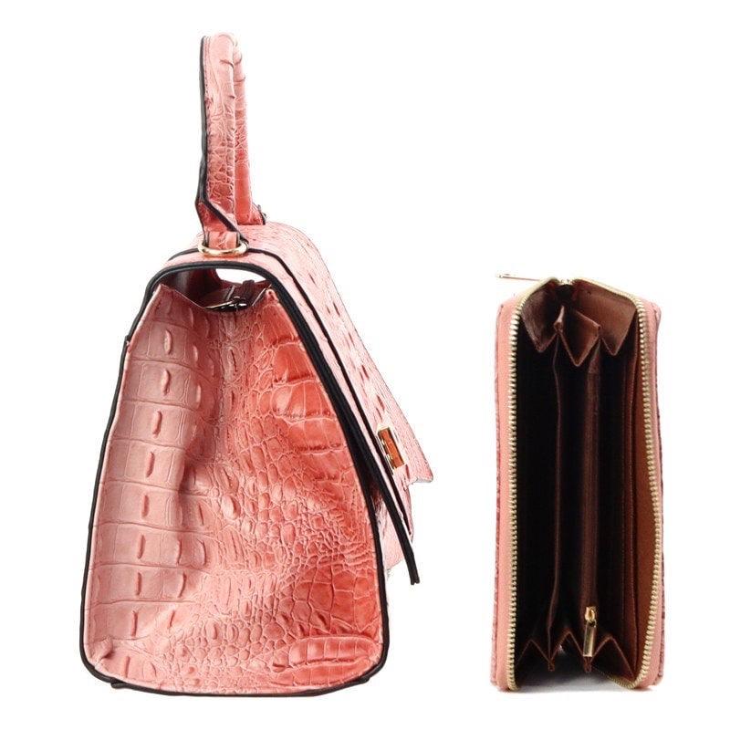 2 N 1 PINK TOP HANDLE CROC SNAKE SATCHEL