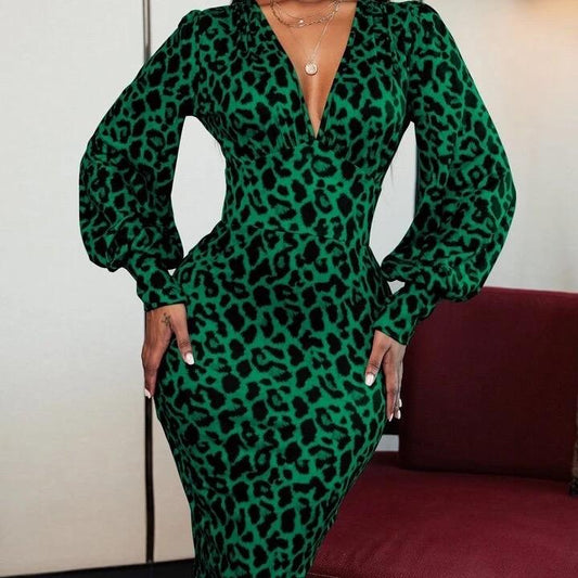 Green Leopard Print Deep V Neck Lantern Sleeve Bodycon Dress