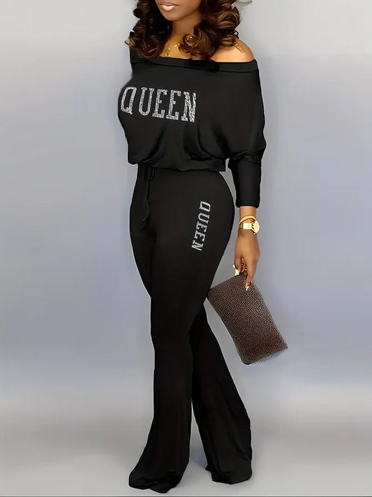 Queen Off Shoulder Jumpsuit, Casual Batwing Long Sleeve Jumpsuit, Women's Clothing