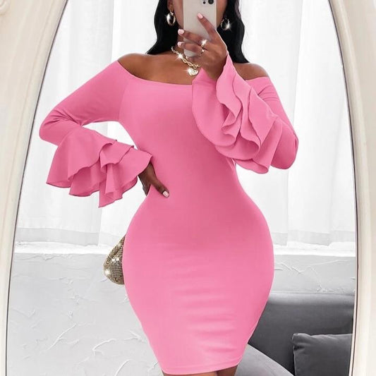 Pink Off Shoulder Layered Sleeve Bodycon Dress