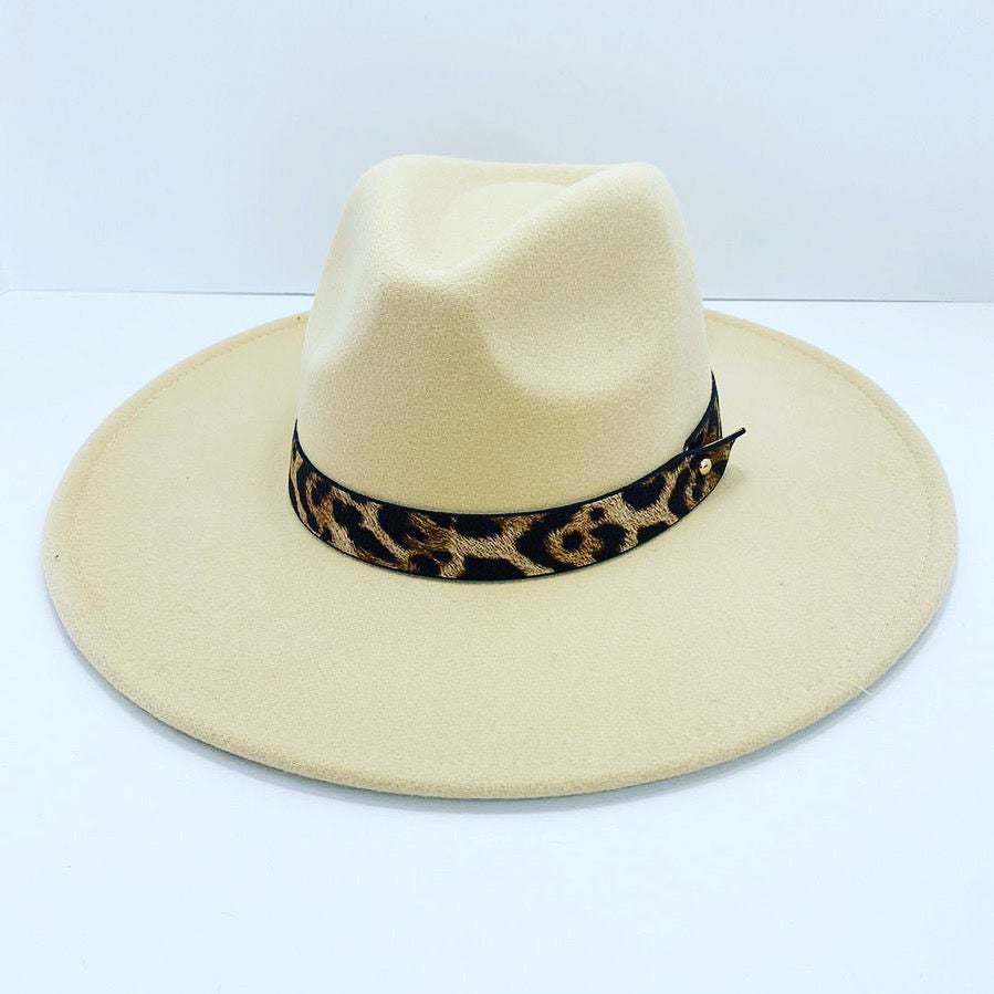 Cream with Leopard Band Fedora Hat with Cream Bottom- Large Brim