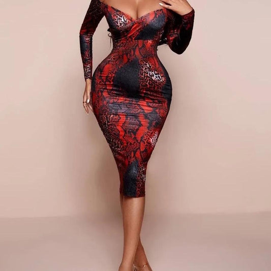 Red Snake Print Off Shoulders Dress