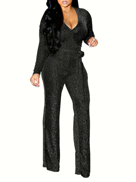 Elegant V-neck Tie Waist Long Sleeve Jumpsuit, Women's Clothing