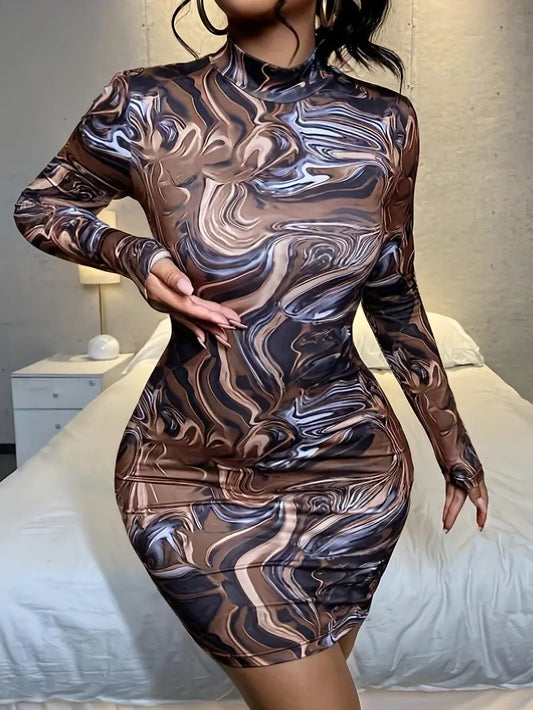 Abstract Print Dress with Mock Neck and Long Sleeve, Women's Clothing